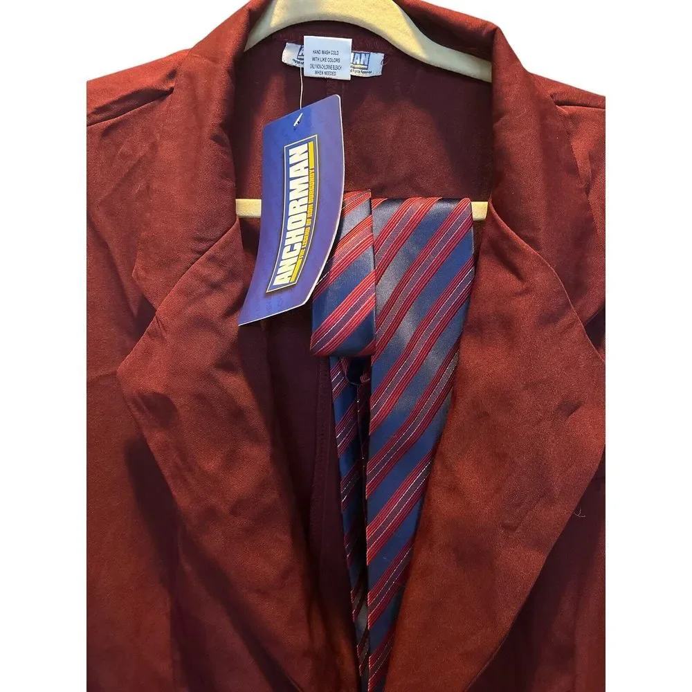 Adult Authentic Ron Burgundy Anchorman Costume No Pants Cosplay Wig Tie Mustache